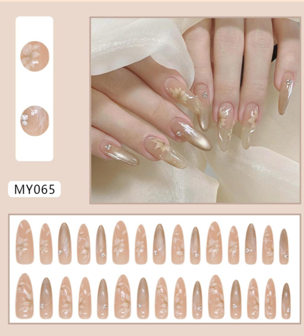 Nail art design sheet with beige nail shapes and a hand model wearing the nails.