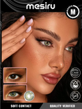 A promotional image featuring a person wearing Mesiru Germanic Green contact lenses, with a close-up on the lenses and additional product details text.