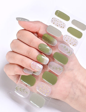 Green floral fusion gel nail strips