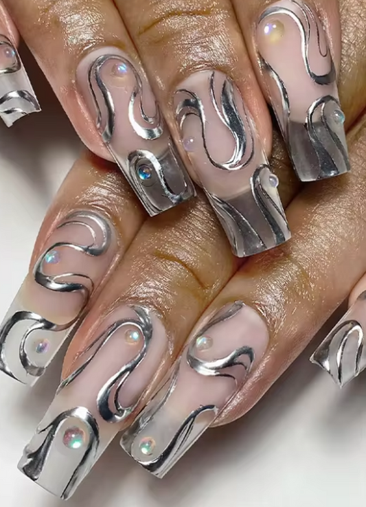 chrome swirls french tip gel nail stickers