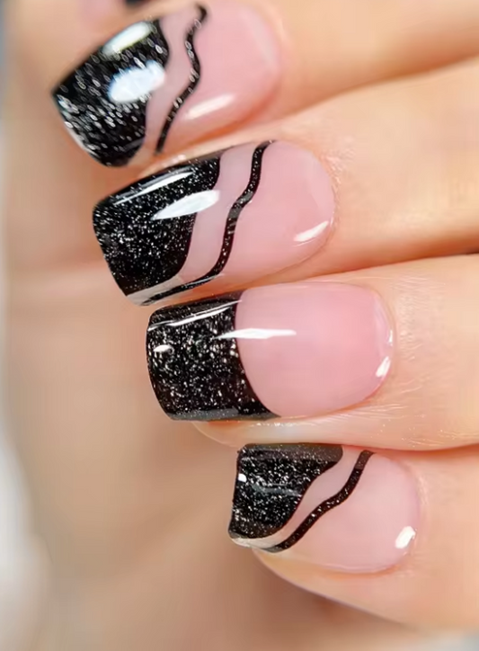 Black French tip semi cured gel nail wrap